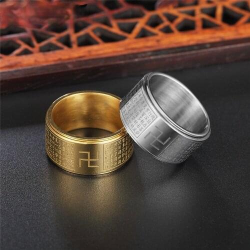 Classic Stainless Steel Rotatable Buddhism Men Ring Spinner Scripture Buddhism Heart Sutra Believer Jewelry for Men Anniversary