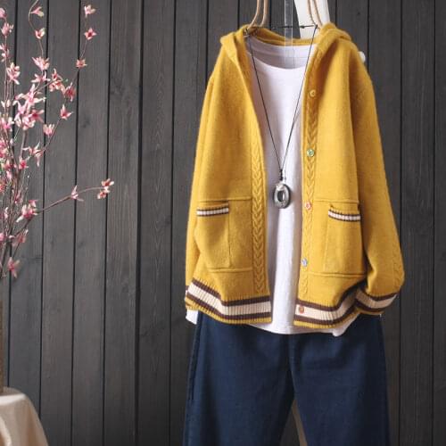 Jacket womens 2021 autumn new hooded knitted cardigan Korean style small fresh button sweater outer top pocket