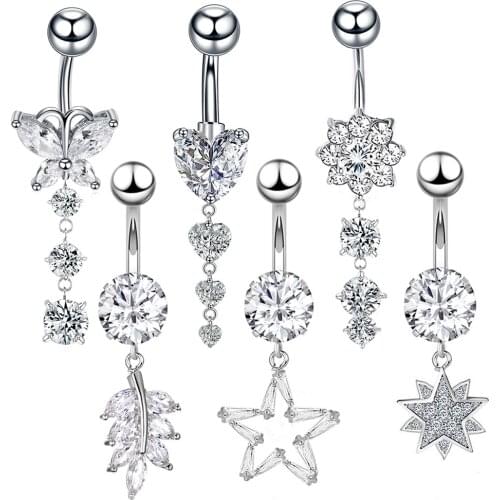 1Pc Stainless Steel Crystal Zircon Belly Button Rings Butterfly Heart Dangle Button Navel Piercing Ombligo Nombril Ear Piercings
