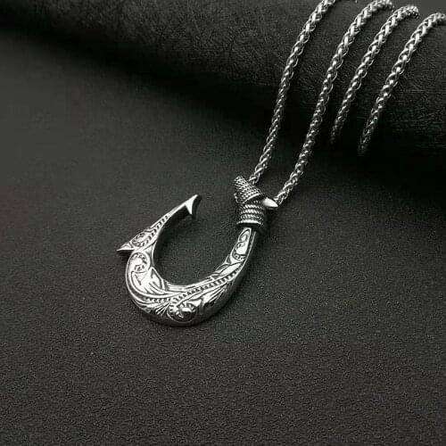 POTCET Neutral Stainless Steel Middle Nordic Viki Mermaid Hook Titanium Pendant Necklace Geometric Fashion Hip Hop Party Jewelry