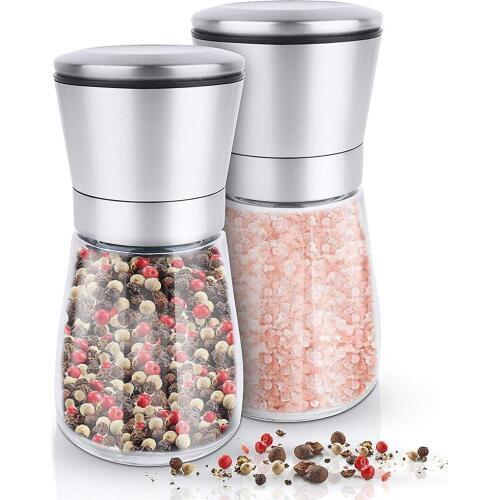 2Pcs Premium Stainless Steel Spice Salt Pepper Grinder Shaker Pepper Mill Glass Manual Grinder Jar Home Kitchen Grinding Tool