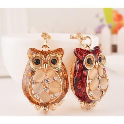 Lovely Enamel-Owl Keychains Fashion Animal Rhinestone-Crystal Keyrings Car Women Alloy Purse Bag Charm Key Chain Ring Holder