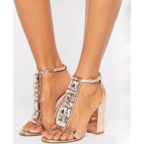Fashion Women Open Toe T-Bar Sandals Rhinestone Chunky Heel Sandals Gold High Heel Formal Dress Shoes Square Heel Banquet Shoes