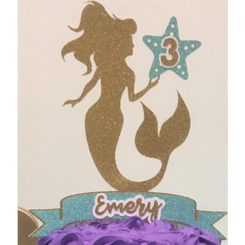 Personalize glitter mermaid Christening Baptism centerpiece pick under the sea birthday party cake toppers baby shower toppers