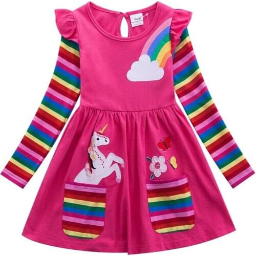 Girls Long Sleeve Dress Unicorn Baby Girl Clothes Unicorn Cartoon Pattern Autumn Girls Cotton Print Rainbow Sleeve Dress
