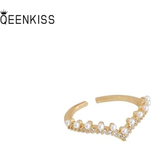 QEENKISS RG718 Fine Jewelry Wholesale Fashion Woman Girl Birthday Wedding Gift V-shape Open Resizable AAA Zircon 18KT Gold Ring