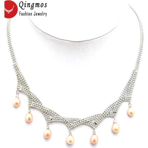Qingmos Natural 7-8mm Pink Pearl Necklace for Women with 7 Peces Freshwater Drop Pearl Pendant Necklace Chain Chokers 16-17"