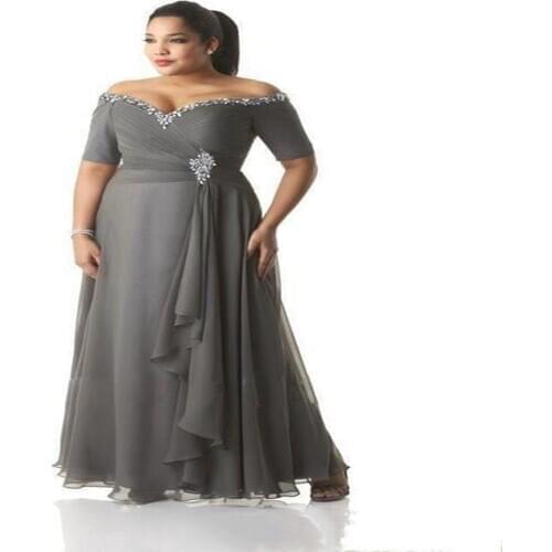 Grey Mother of the Bride Dresses Plus Size Off the Shoulder Cheap Chiffon Prom Party Gowns Long Mother Groom Dresses Wear
