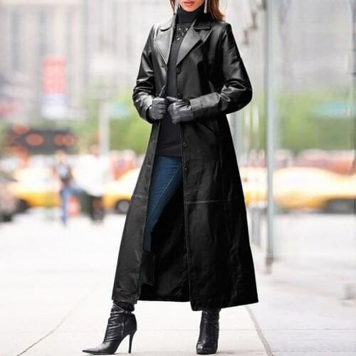 Women Autumn Winter Solid Color Faux Leather Long Slim Wind Coat Windbreaker