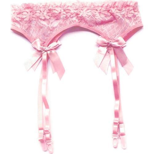 Womens Erotic See Through Mesh Sheer Suspenders Floral Lace Bowknot Embellishment Adjustable Thigh-Highs Garter Belt Solid Color