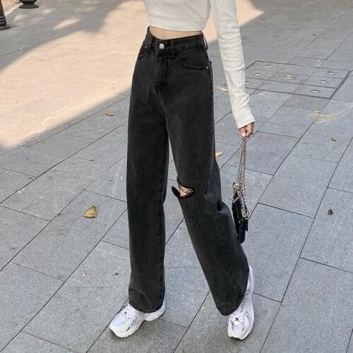 Retro High Waist Ripped Tassel Full Length WomenS Jeans Plus Size Harajuku Wide-Leg Clothes Pants Streetwear Denim Trousers y2k