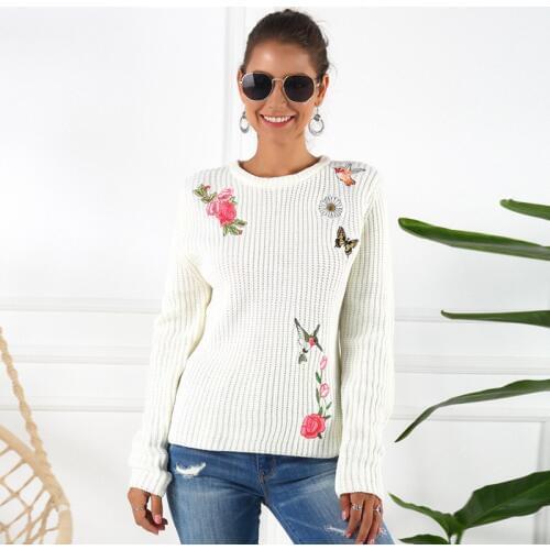 Women thick embroidery Sweater Autumn Knitwear Tops Casual Long Sleeve Shirt Jumper Pull Femme Knitted Pullover Blusas