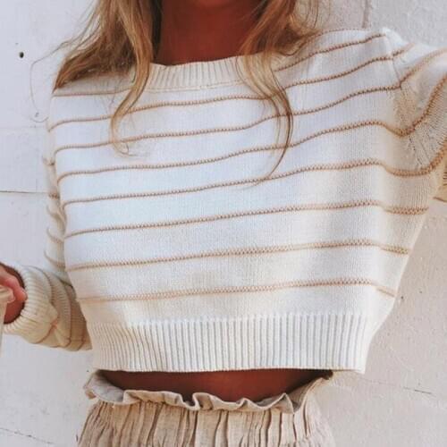 2020 Autumn Outfits Women Knitted Sweater O-Neck Long Sleeve Casual Short Knitted Top Female Striped Pullovers Ladies Pull Femme