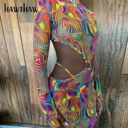 Hawthaw Women Autumn Winter Long Sleeve Hollow Out Printed Mesh Backless Bodycon Mini Dress 2020 Female Clothing Streetwear