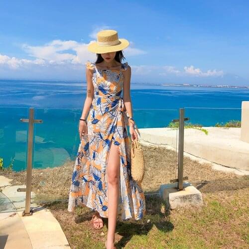 Fashion women new arrival sleeveless travel long dress casual outdoor party high quality hollow out chiffon print a-line dress