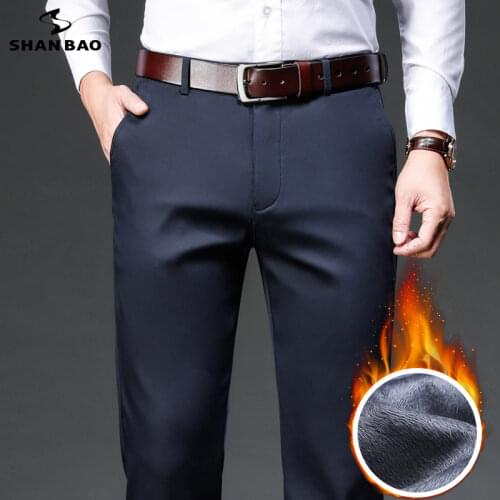 SHAN BAO 2021 winter brand fleece thick warm fit straight trousers business casual mens high waist lyocell classic pants
