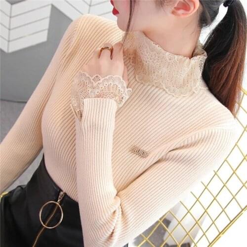 2021 Slim Spring Autumn Knit Sweater Women Pullovers 2021 Lace New Elegant Knitted Bottoming Shirt Thick Warm Female Solid Tops