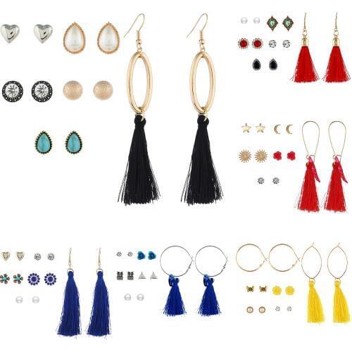 Simple 6 pair of pack tassel earrings for women with flower /faux pearl and inlaid rhinestone acrylic gem design female Kolczyki