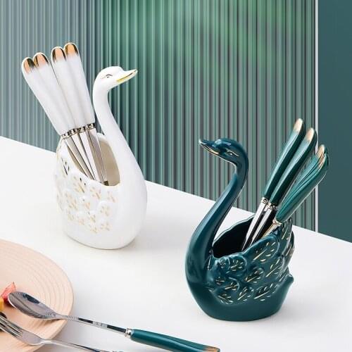 6Pcs Cutlery Swan Fruit Base Holder Forks Stainless Steel Salad Dessert Forks Coffee Spoons Cutlery Set Cake Tableware Flatware