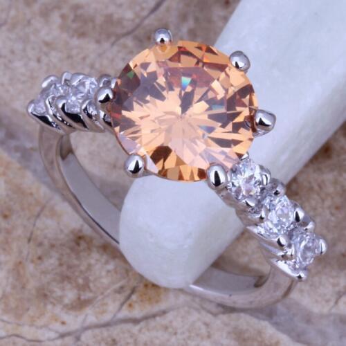 Glaring Champagne Morganite White CZ Silver Plated Ring Size 7 / 8 D754