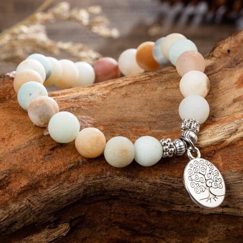 Amazonite Stones Mala Prayer OM Tree Beaded Bracelet Lotus Yoga Chakra Buddha Beaded Stretchy Charm Bracelets
