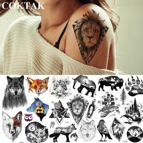 COKTAK Triangle Lion Design Galaxy Temporary Tattoos Sticker Wolf Tiger Custom Tatoos Art Women Men Armband Fake Black Tattoo