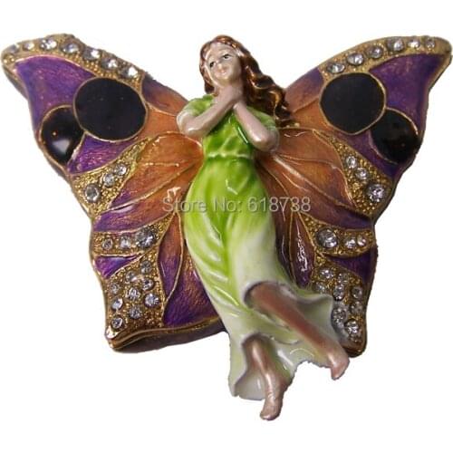 Fairy butterfly jeweled enamel trinket box metal hinged jewelry organizer ring box Ring necklace Earring/Pendant Display Box
