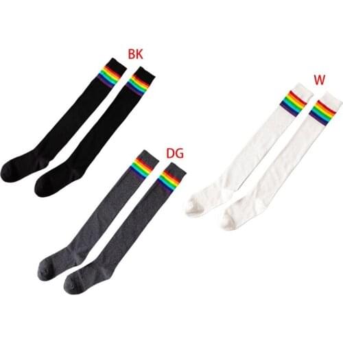 K3NF Women Girls Over Knee Thigh High Stockings Rainbow Stripes Patchwork Long Socks