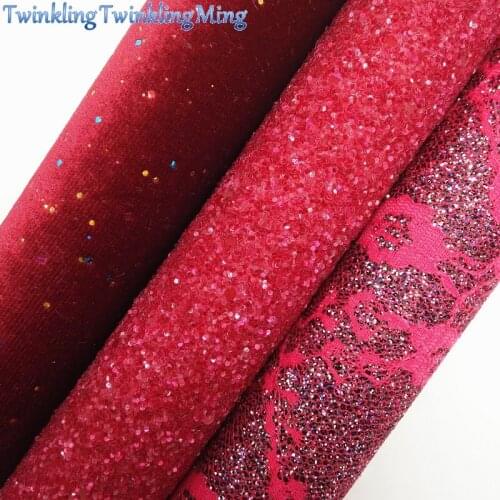 RED Glitter Fabric,Mesh Glitter Fabric with Lace, Velvet Fabric Sheets For Bow A4 21x29CM Twinkling Ming XM715