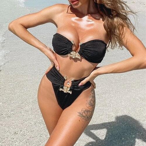 MYTENG Sexy Bandeau Swimming Suit For Women High Waist Bikini Set Summer Metal Hollow Out Swimwear Push Up Swimsuit Beachwear
