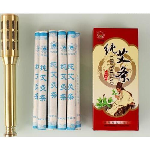 Copper moxibustion rod moxibustion box portable barrel tank with 10 pcs moxa stick moxibustion massage tools