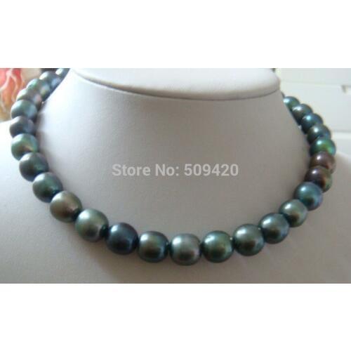 Natural 10-12mm tahitian peacock green pearl necklace 18inch