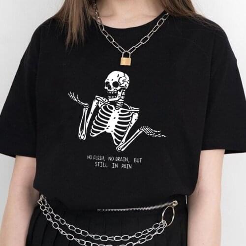 No Flesh No Brain But Still In Pain Skull Fun Personality Print T-Shirt Women Short Sleeve Harajuku Summer Female Streetwear Top