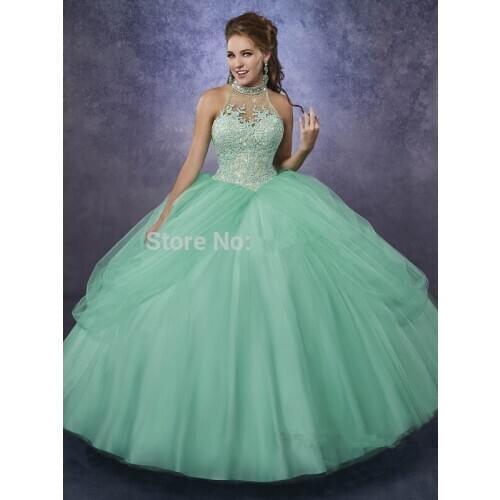 Mint Green Cheap Quinceanera Dresses Ball Gown Halter Tulle Appliques Beaded Sweet 16 Dresses