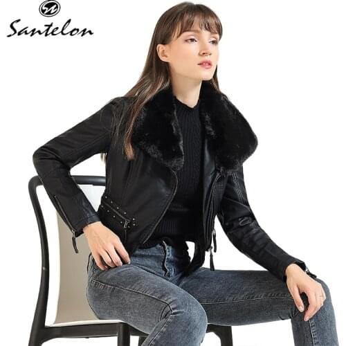 Santelon 2020 New Winter Faux Soft Women Leather Jackets With Detachable Fluffy Fur Collar Vintage Diagonal Zipper Design S20002