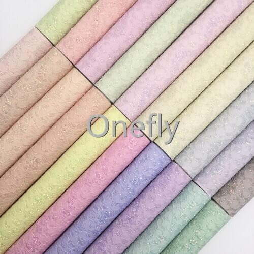 Onefly Pastel Lace Glitter Leather Fabric With Soft Felt Backing, Lace Synthetic Leather For Bow DIY handbags shoes FZ005