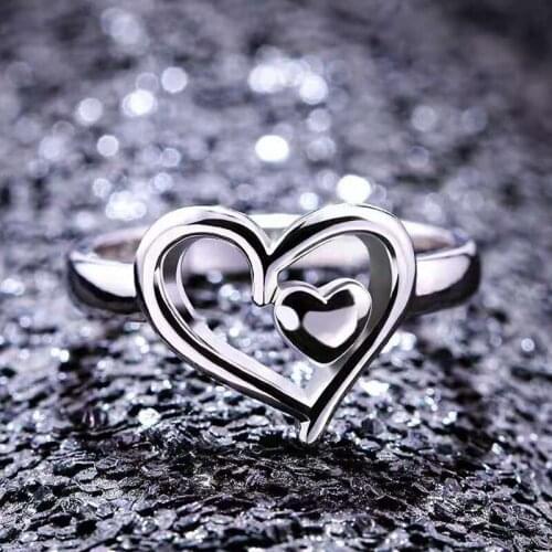 Wholesale Ladies Women Rings Fashion Double Heart Hollow Love Wedding Engagement Ring Charm Jewelry Anniversary