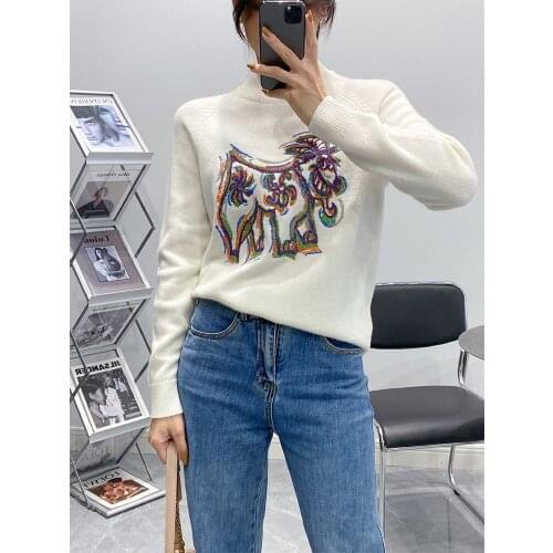 2021 Autumn and Winter New Style Color Goat Pattern Jacquard 100% Cashmere Sweater Women Outer Wear Loose