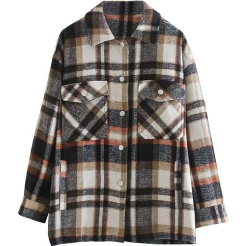 Autumn Plaid Style Casual Women Jacket Fashion Lapel Collar Straight Type Long Sleeve Woolen Sweet Shirts Coats for 18-35