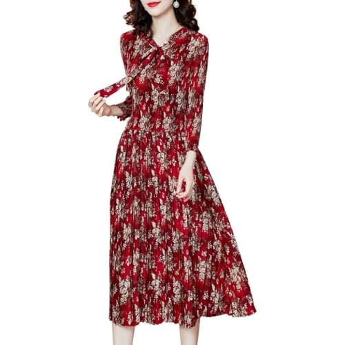 Plus Size Dress 2021 For Women 45-75kg Spring Bow Collar Three Quarter Sleeve Fashion Printed Stretch Miyake Pleated Clothes