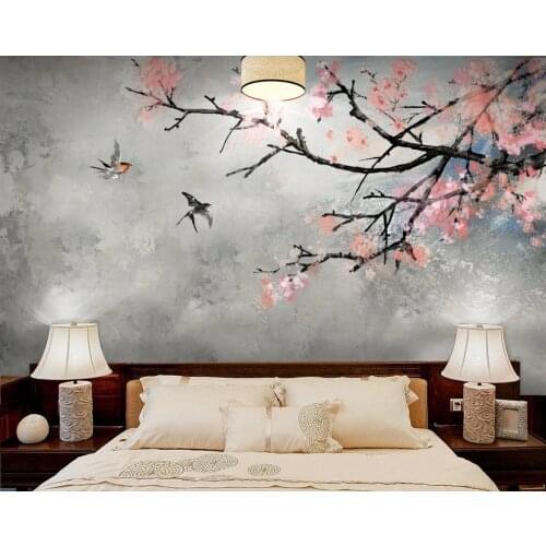 Custom high-end wallpaper-cherry blossom background wall new Chinese style hand-painted flowers and birds background wall