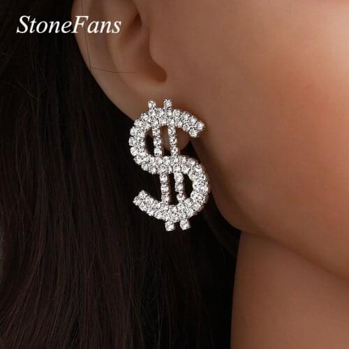 Stonefans Luxury Piercing Rhinestone Dollar Earrings for Women Gothic Silver Color Dangle Earring Aesthetic Fashion Jewelry Gift