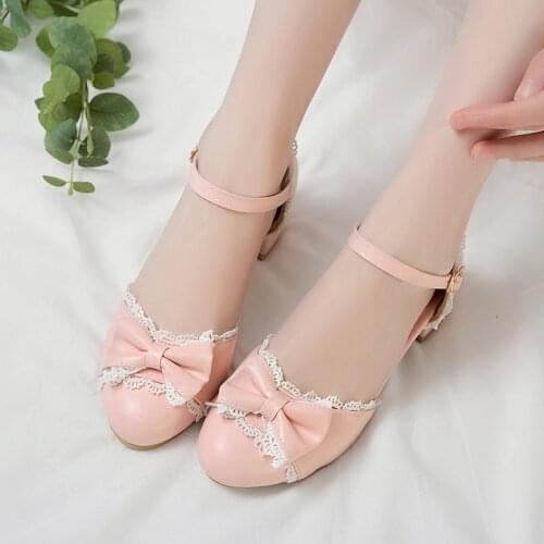 YQBTDL Cheap Cute Sweet Princess Lolita Shoes Mary Jane White Pink Chunky Block Heels Bowtie Ruffles Womens Party Pumps Summer