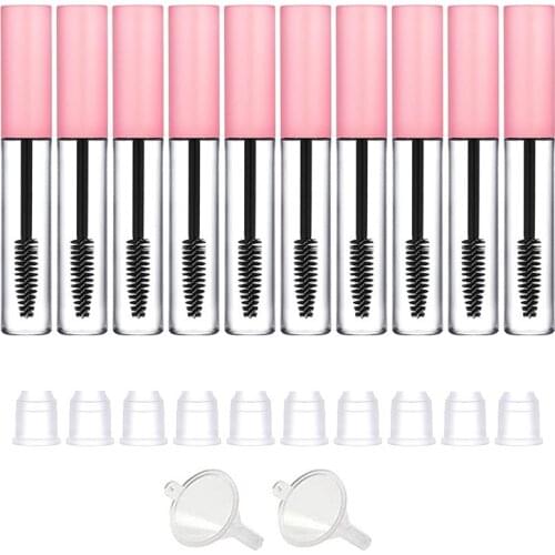 10pack 10ml Mascara Tube Empty Castor Oil Container with Pink Cap Eyelash Wand Brush and Rubber Inserts for makeup
