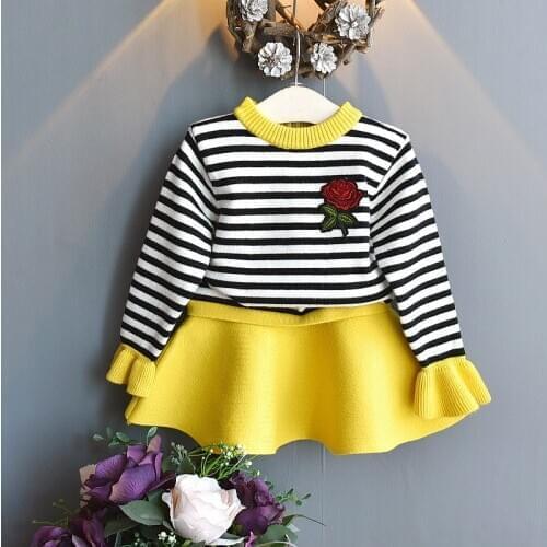 2019 Girl Baby Knitted Sweater Clothing Set Striped Flower Sweaters+skirts,girls Kids Princess Winter Clothes Children Wear
