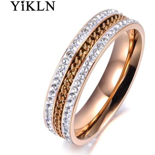 YiKLN Rose Gold Micro Pave Rhinestone Anniversary Rings Jewelry 316L Stainless Steel Chain Engagement Ring For Women YR19004