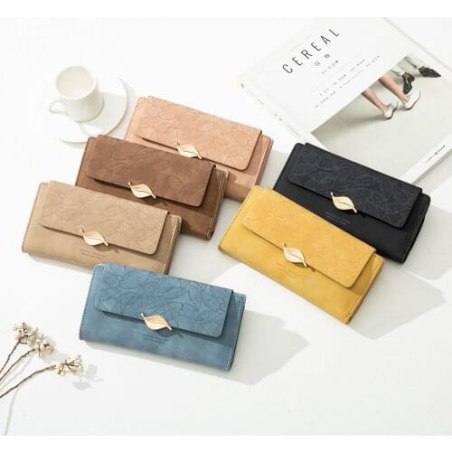 Women Leaves Printing Zipper Long Wallets Female Fashion Frosted Letters Coin Purses Ladies Metal Leaves Hasp Pu Leather Cards
