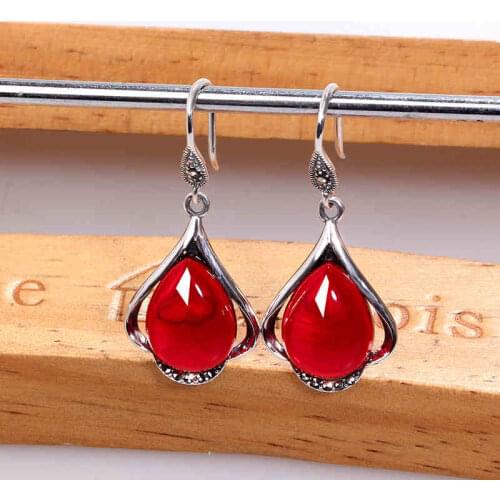 ZHJIASHUN Retro 100% 925 Sterling Silver Ruby Garnet Drop Earrings For Women Vintage Natural Gemstones Silver Jewelry Female