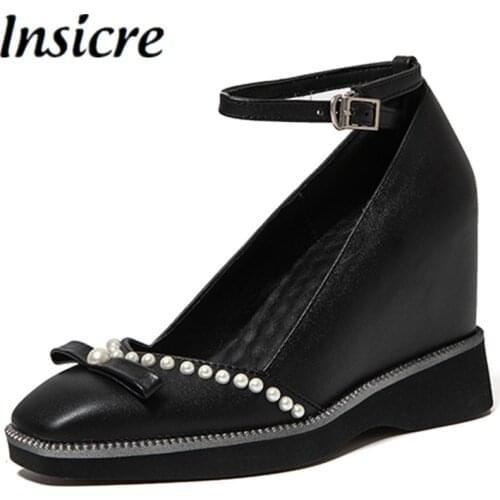 Insicre Wedges Women Pumps Cow Leather Square Toe Sweet 2021 Summer Thick High Heels Platform Buckle Beige Beaded Butterfly Knot