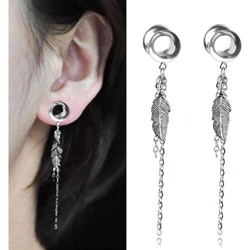 Lady Leaf Chain Earrings Tassel Dangle Double Flared Ear Piercing Earrings Jewelry Sexy Body Stud Ring Earrings Ear Stud Jewelry
